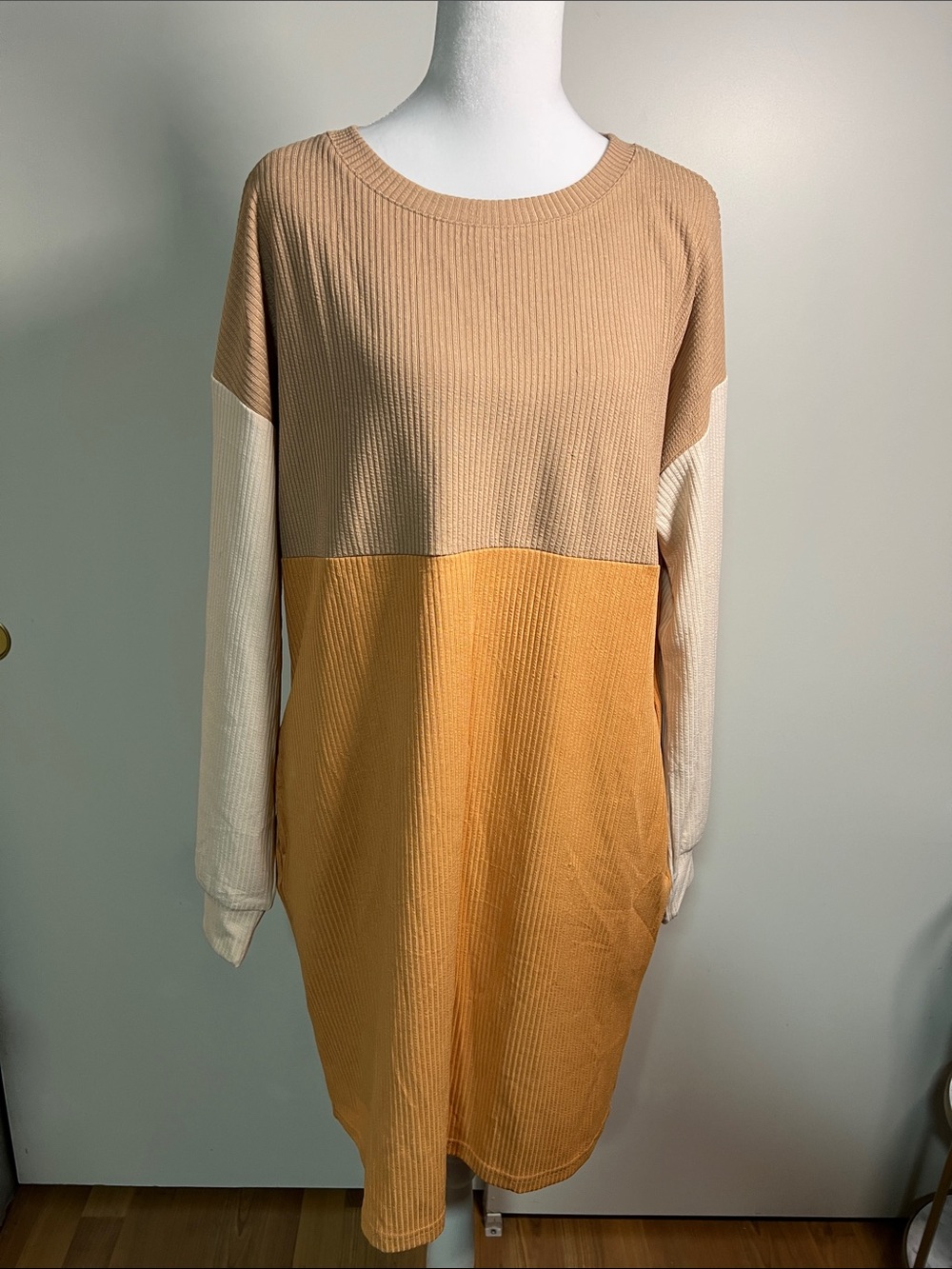 Colorblock Long Sleeve Shift Dress in Beige, Cream & Mustard